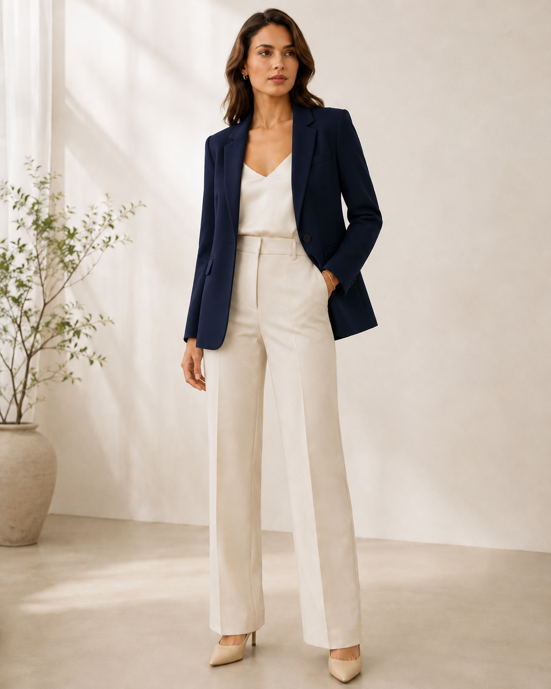 Blazer Milano azul-marinho combinado com Calça Riviera off-white